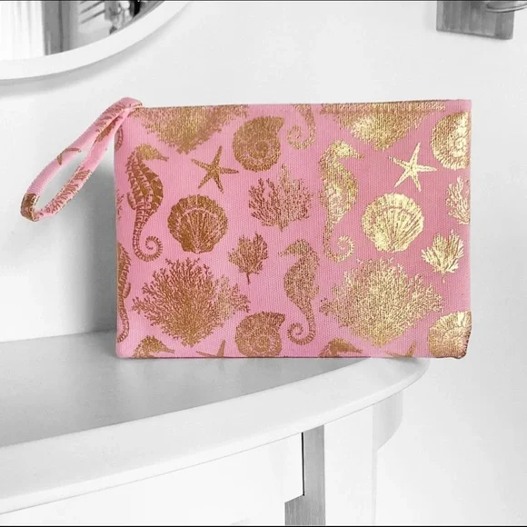 Pink and Gold Metallic Foil Print Sea Life Wristlet Clutch Zip Bag - Picture 7 of 12